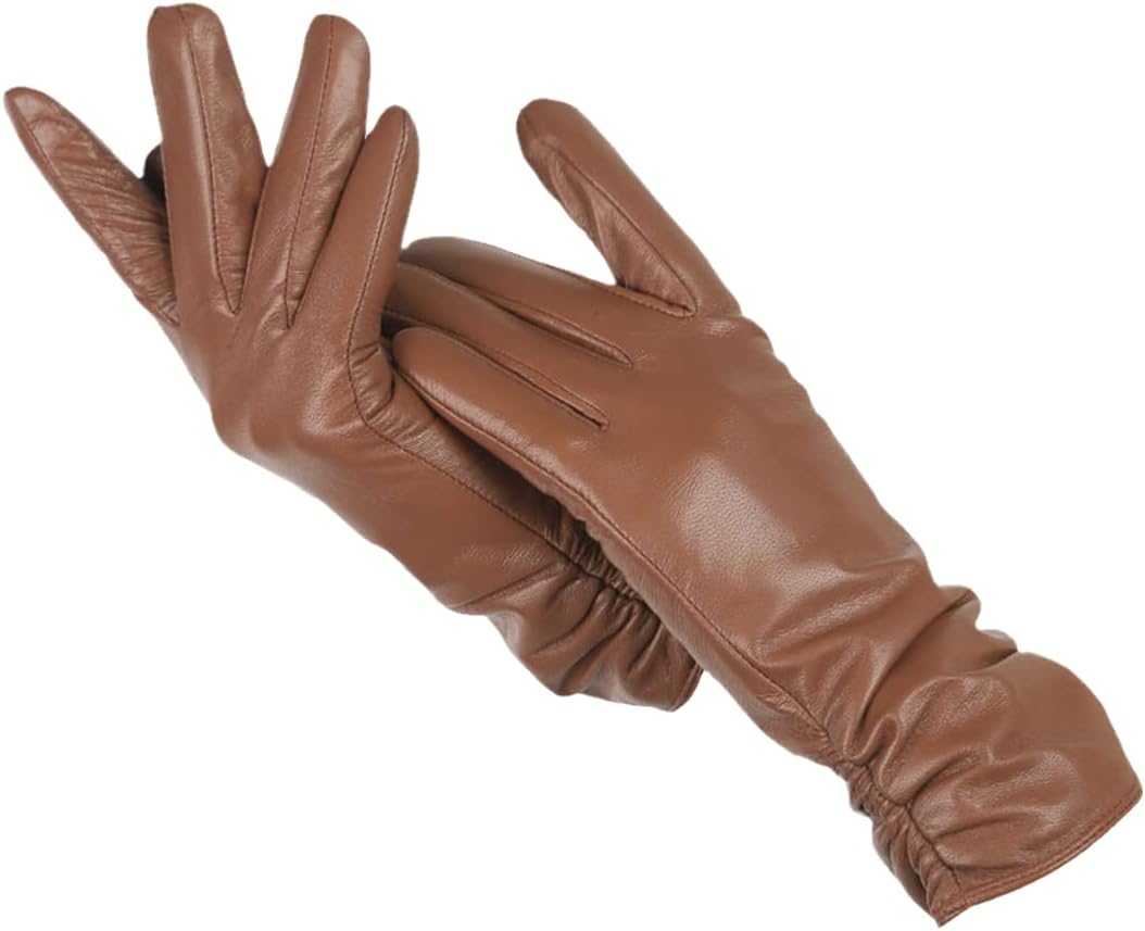 Brown leather gloves with ruched extended cuffs