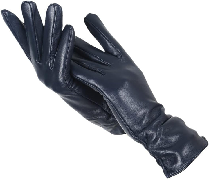 Navy leather gloves with ruched extended cuffs