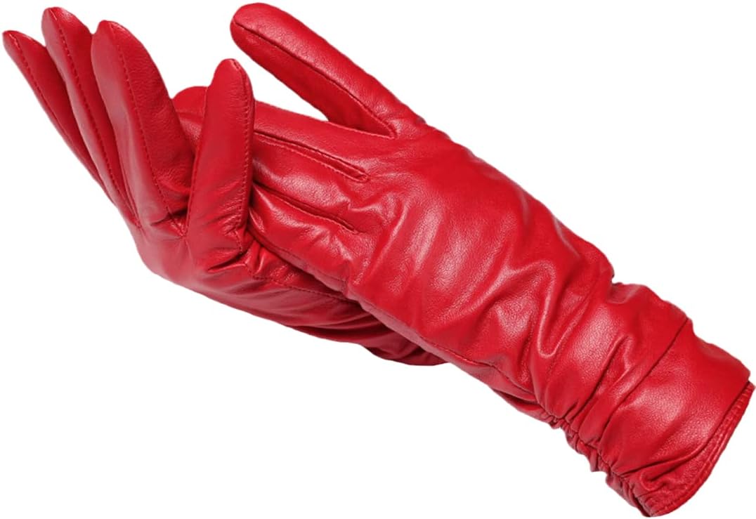 Red leather gloves with ruched extended cuffs