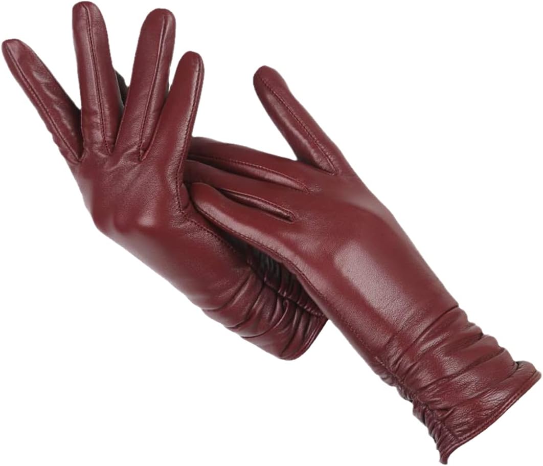 Burgundy leather gloves with ruched extended cuffs