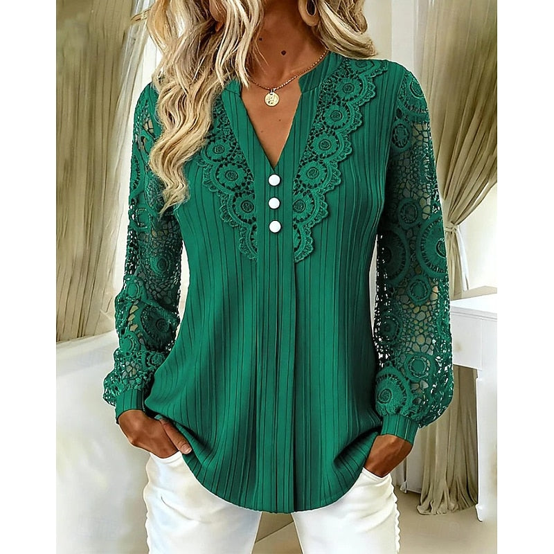 Green ribbed blouse with crochet lace sleeves and V-neckline