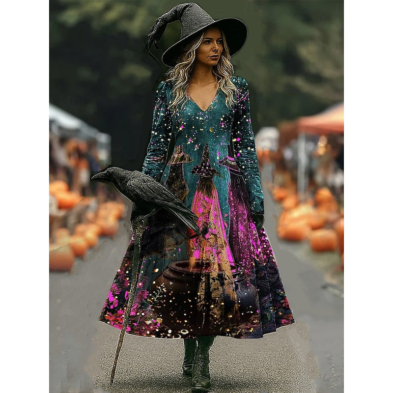 Dark green witch print A-line maxi dress with sparkle detail