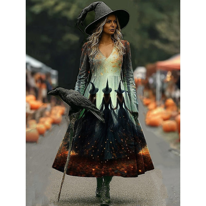 Dark grey witch print A-line maxi dress with glowing ember design