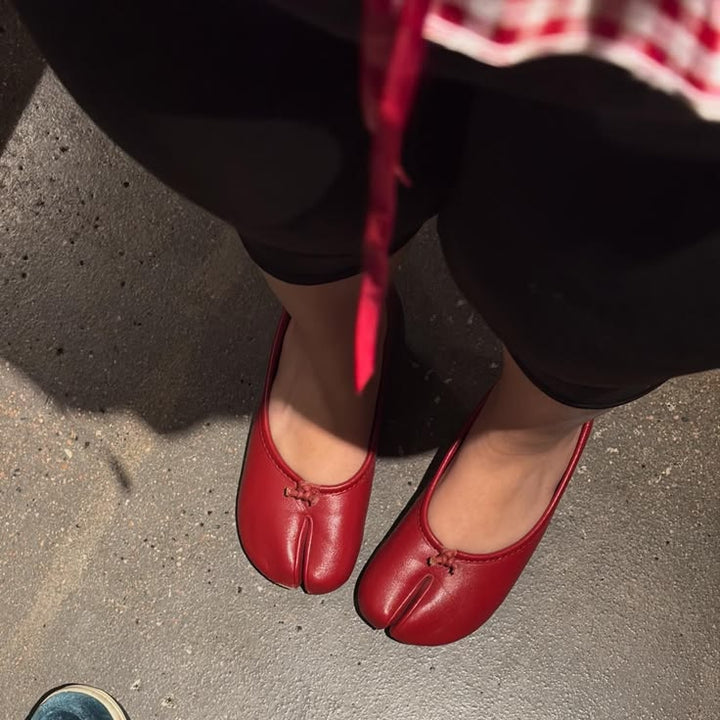 Red split toe ballet flats with gingham skirt detail