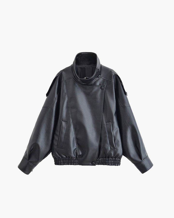 Black asymmetrical leather jacket front view flat lay