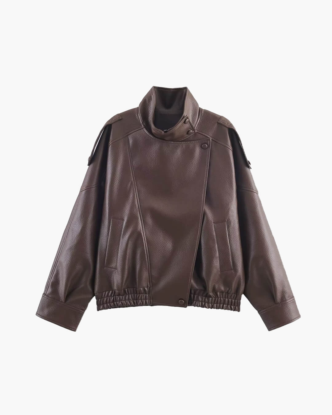 Brown asymmetrical leather jacket front view flat lay