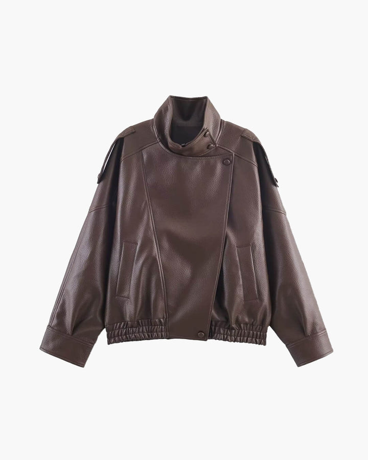 Brown asymmetrical leather jacket front view flat lay