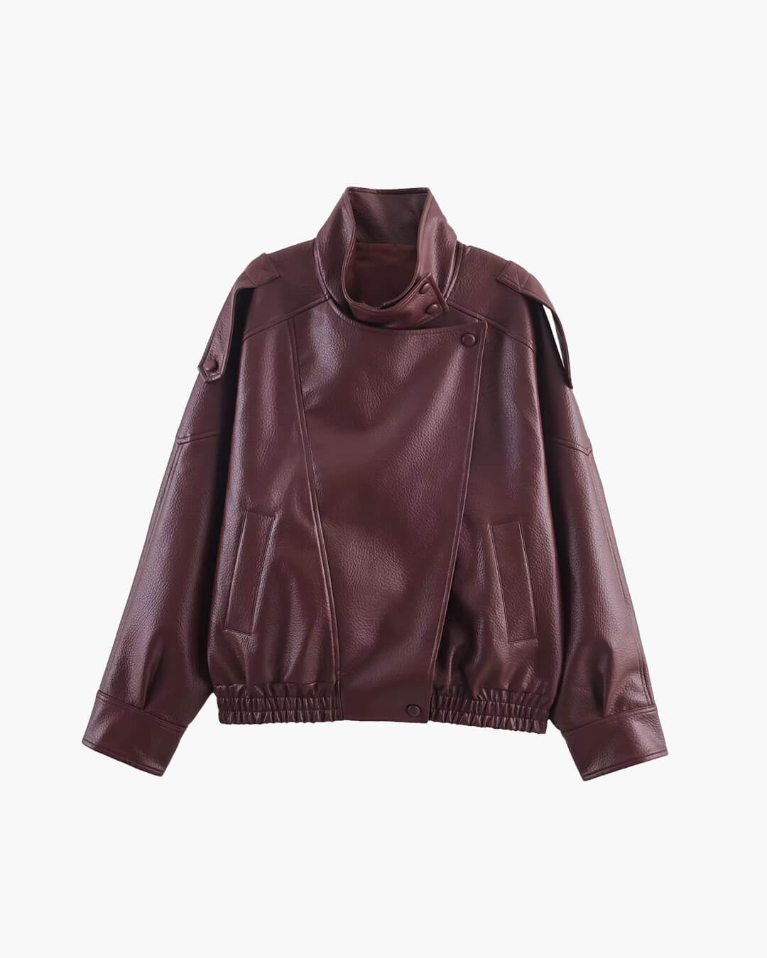 Burgundy asymmetrical leather jacket front view flat lay