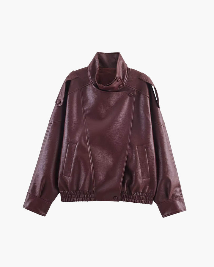 Burgundy asymmetrical leather jacket front view flat lay