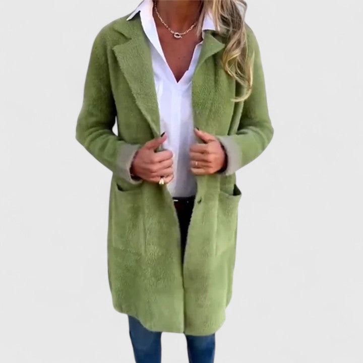 Green brushed knit blazer with hands in front pockets