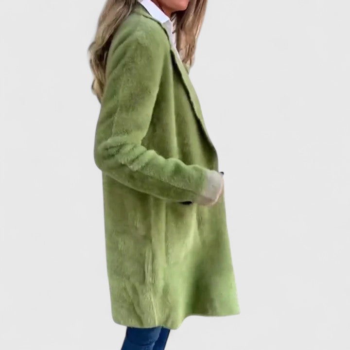 Side view of green brushed knit blazer with contrast cuff