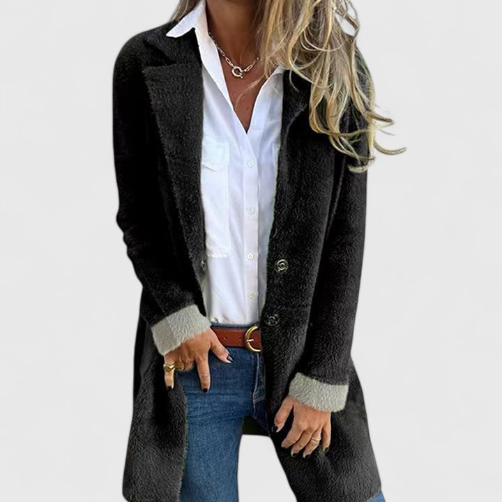 Black brushed knit blazer with notched lapel, front view