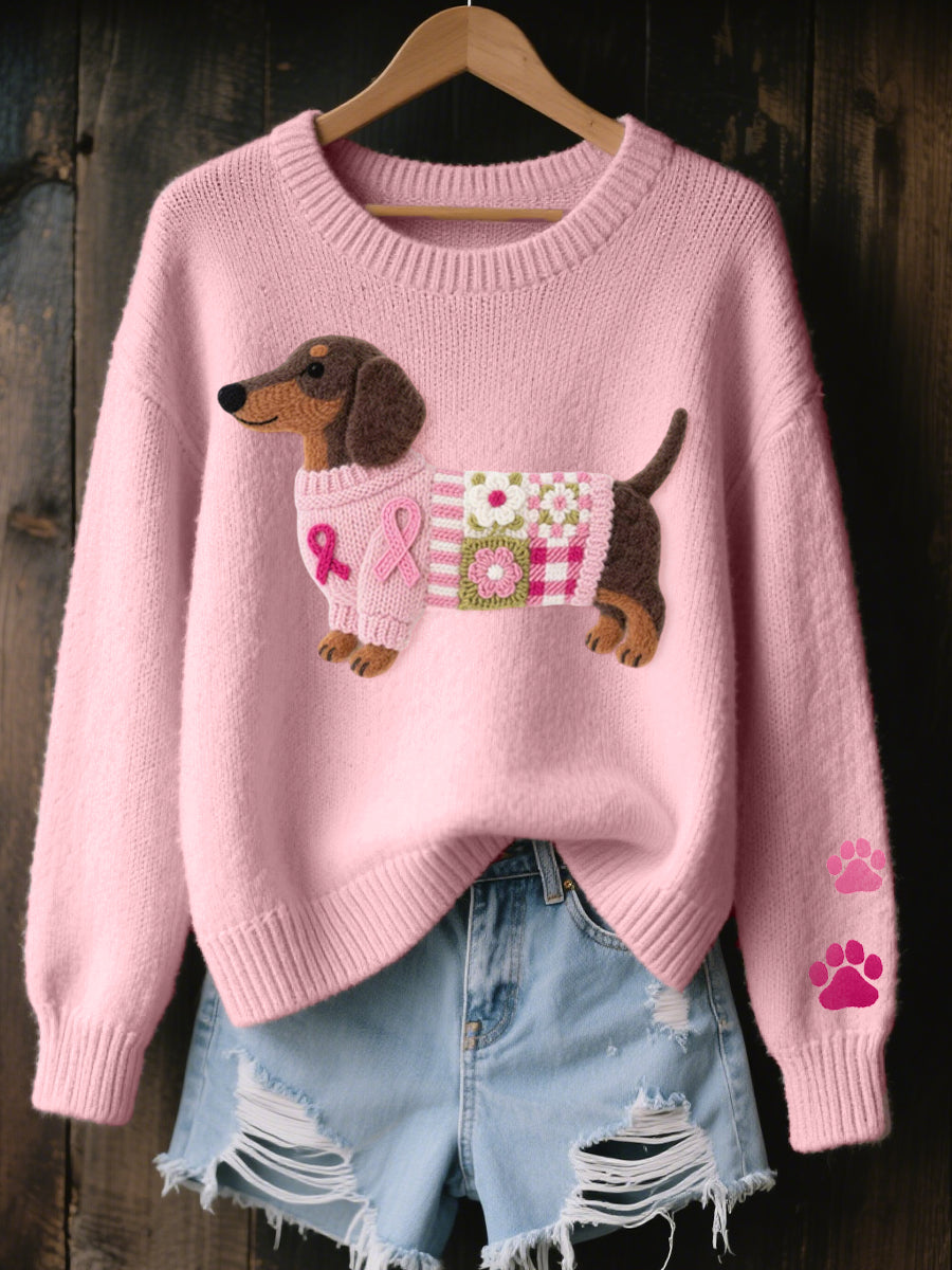 Pink knit sweater with felt dachshund patchwork motif on hanger