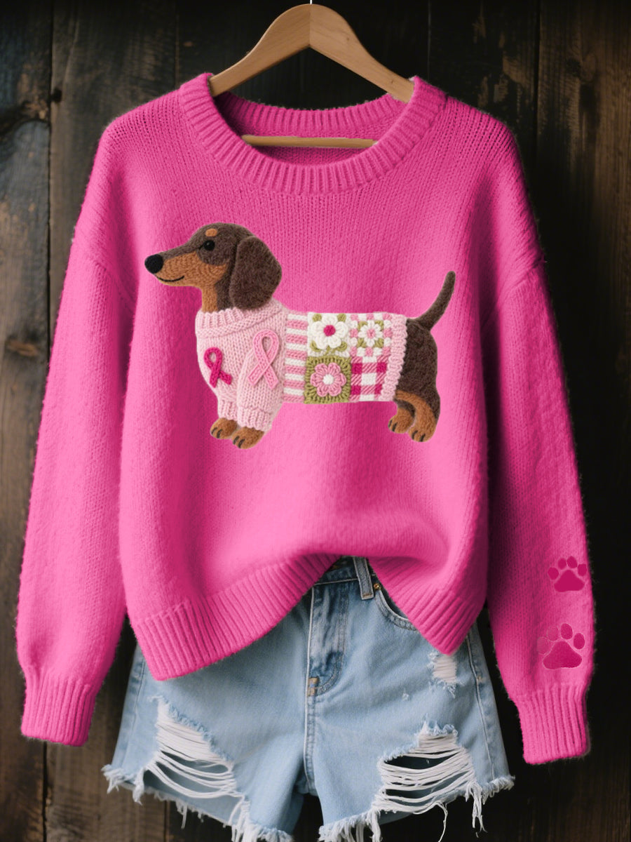 Dark pink knit sweater with felt dachshund patchwork motif on hanger