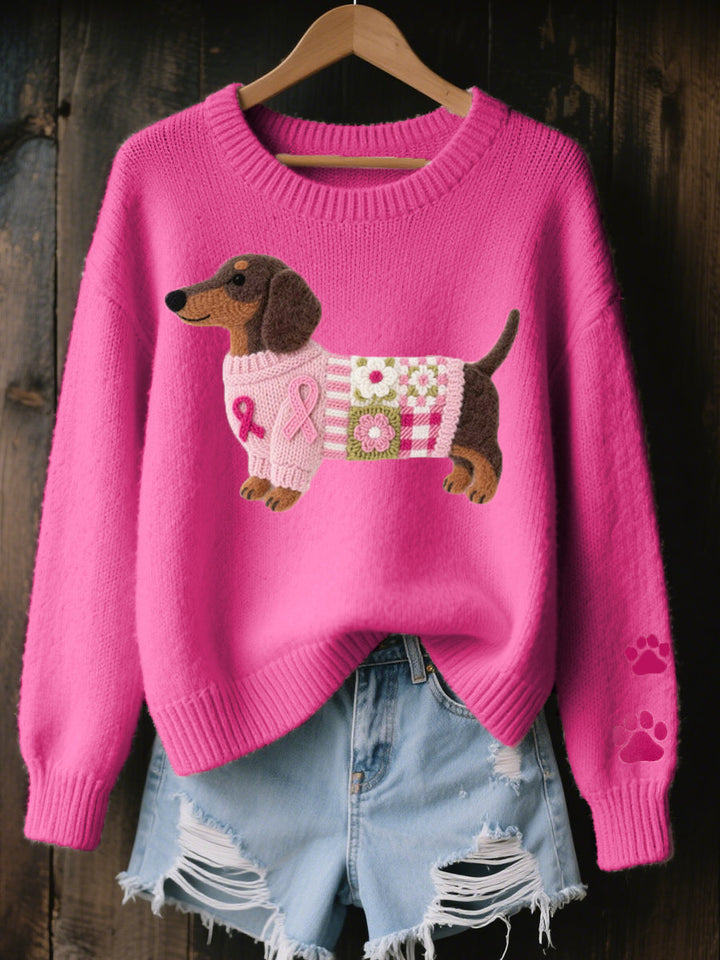 Dark pink knit sweater with felt dachshund patchwork motif on hanger