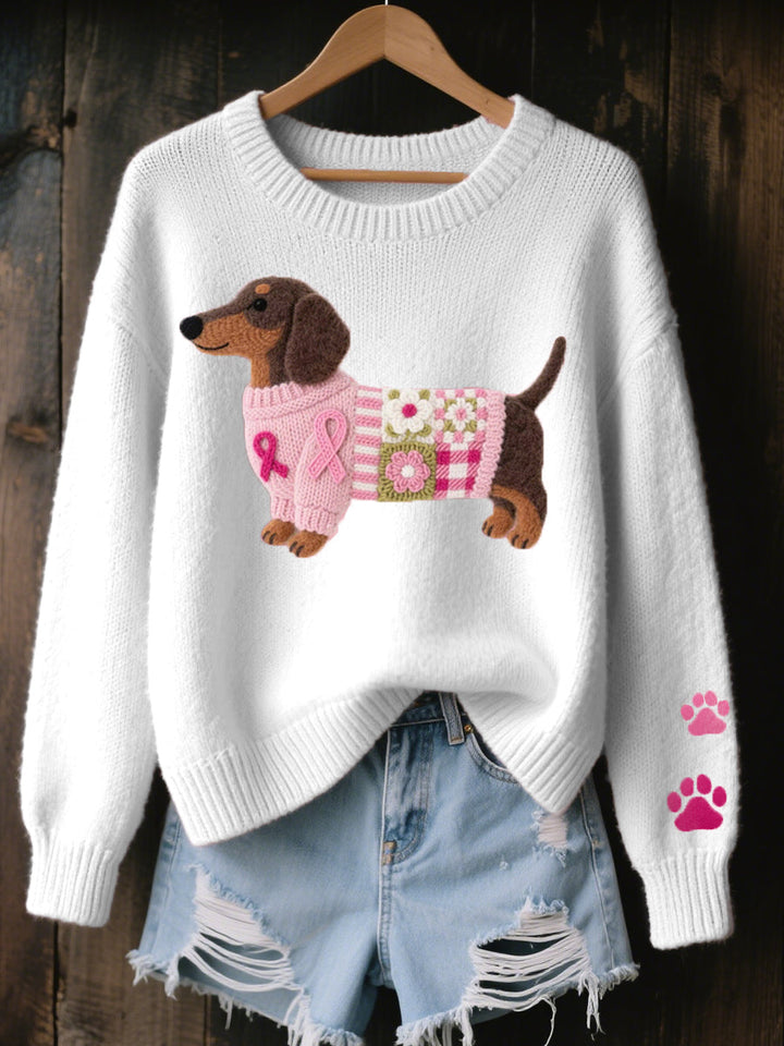 White knit sweater with felt dachshund patchwork motif on hanger