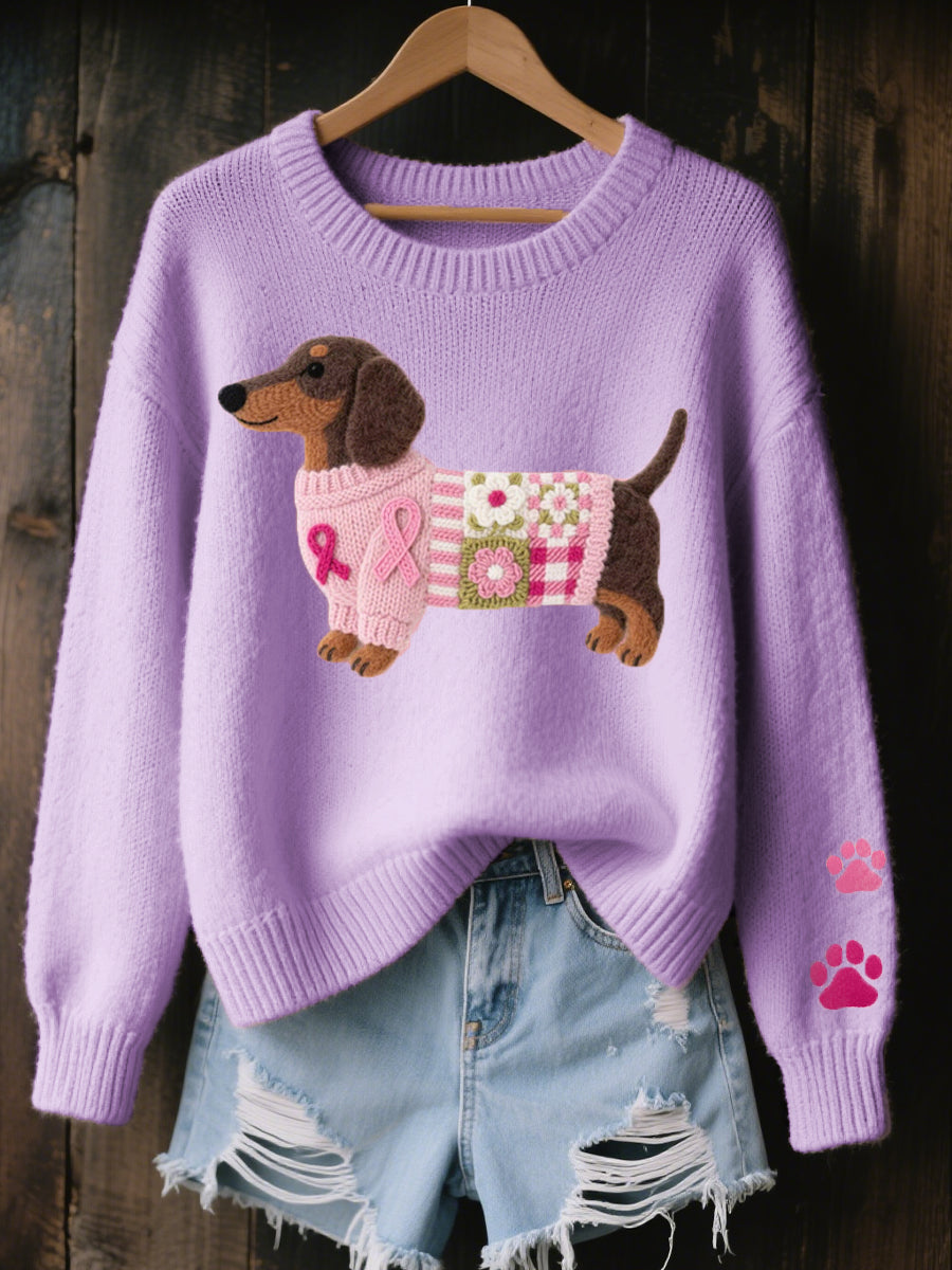 Purple knit sweater with felt dachshund patchwork motif on hanger
