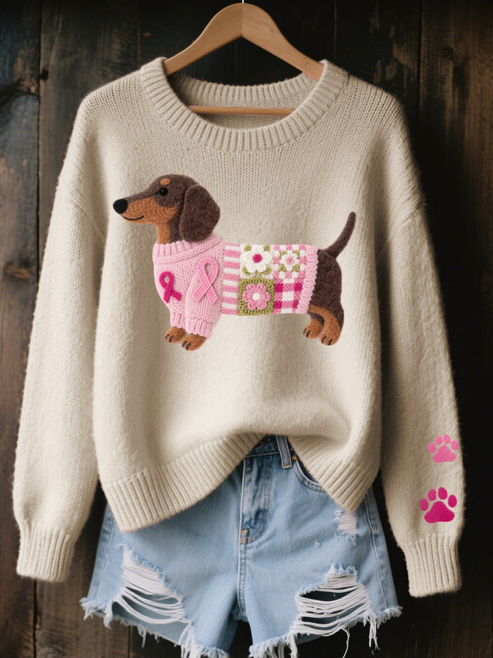 Beige knit sweater with felt dachshund patchwork motif on hanger