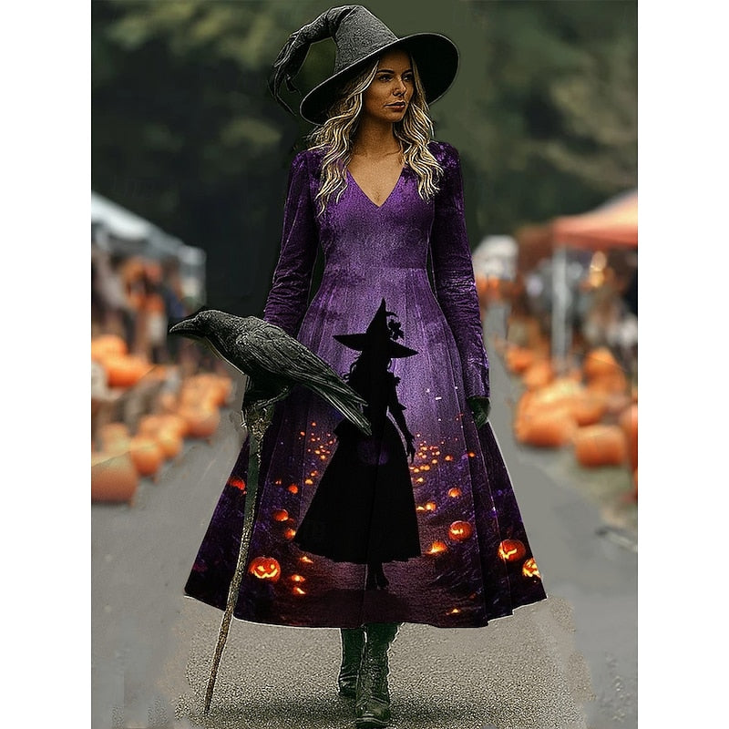 Purple witch print A-line maxi dress with pumpkin patch scene