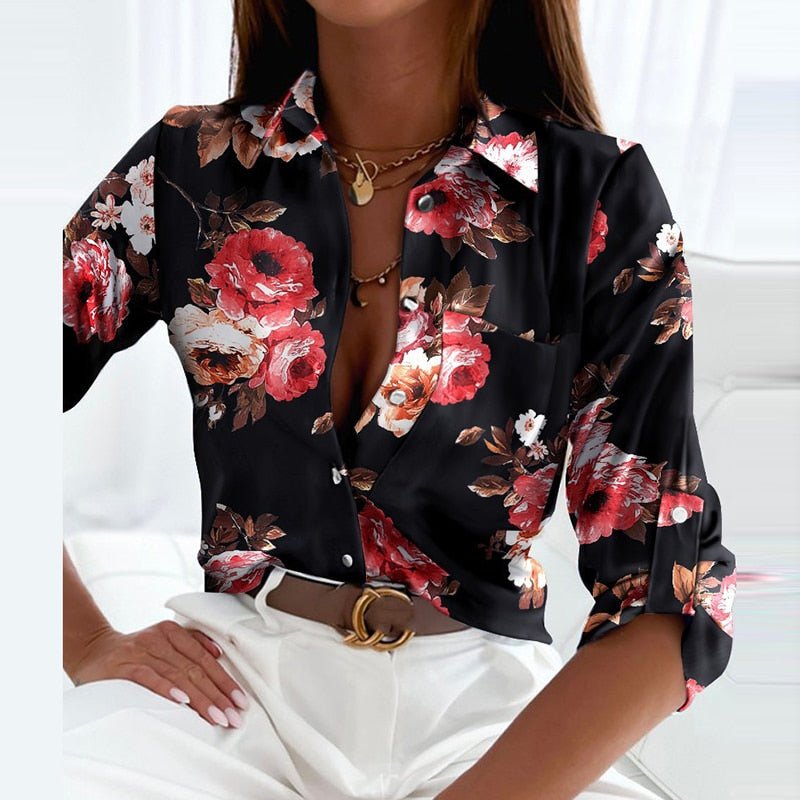 Black floral print blouse with collar