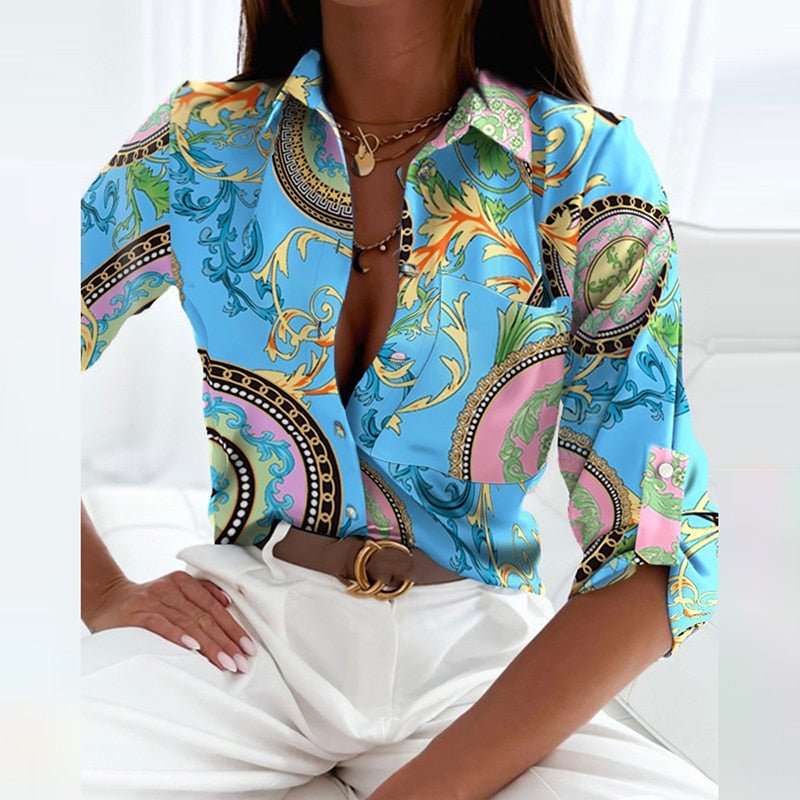 Blue baroque print blouse with chest pocket