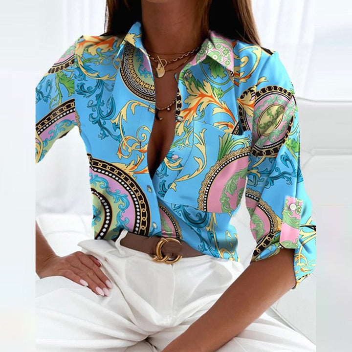 Blue baroque print blouse with chest pocket