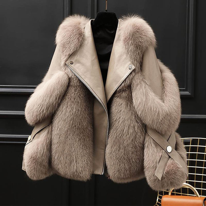 Light brown leather jacket with oversized fur collar and cuffs, front view