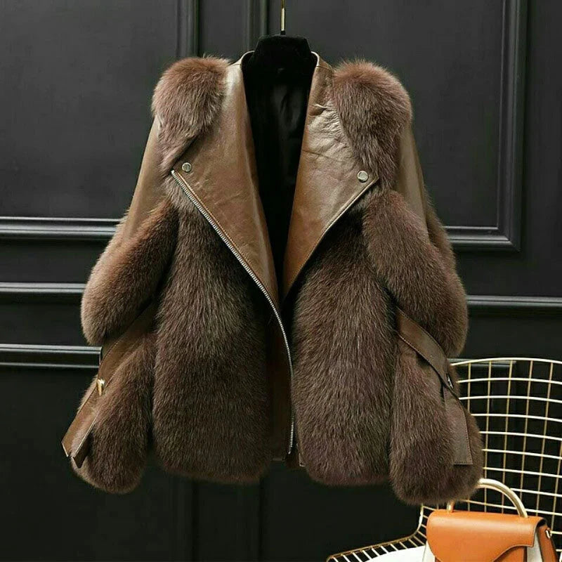 Brown leather jacket with oversized fur collar and cuffs, front view
