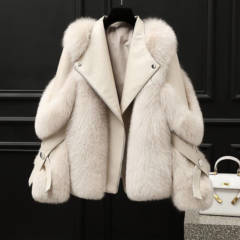 White leather jacket with oversized fur collar and cuffs, front view