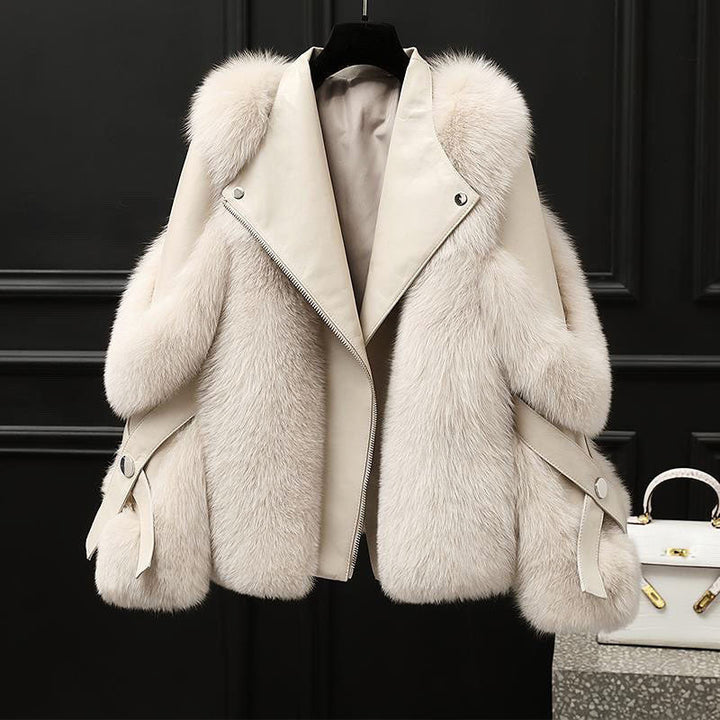 White leather jacket with oversized fur collar and cuffs, front view