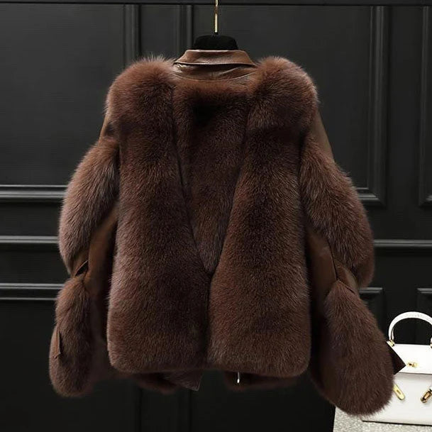 Brown leather jacket with fur collar and cuffs, back view