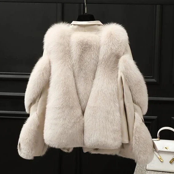White leather jacket with fur collar and cuffs, back view