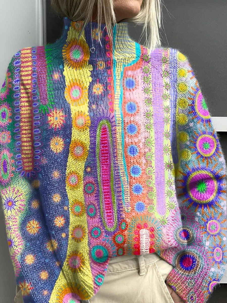 Back view of multicolor abstract print mock neck sweater with embroidered floral details and balloon sleeves