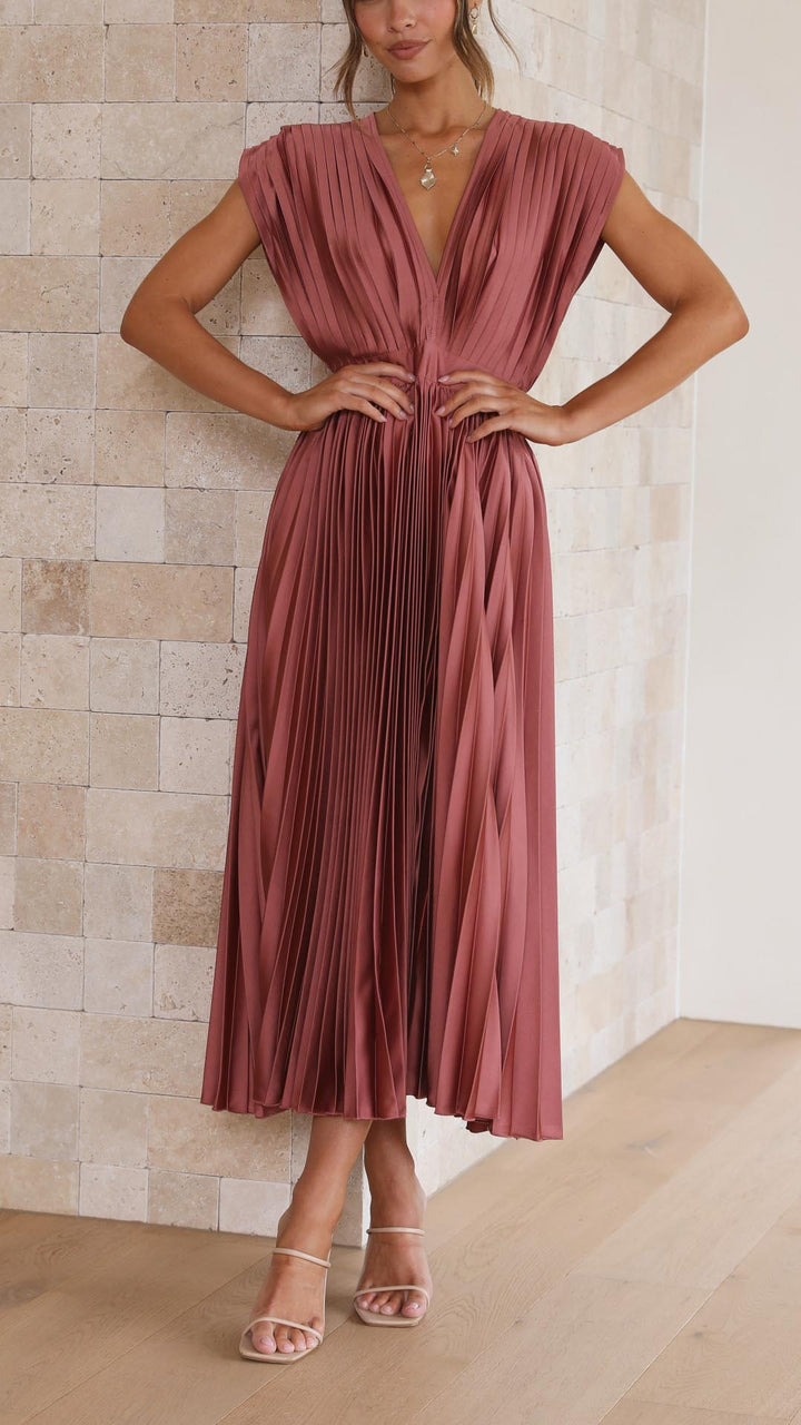 Amanda Pleated V Neck Midi Wedding Guest Dress