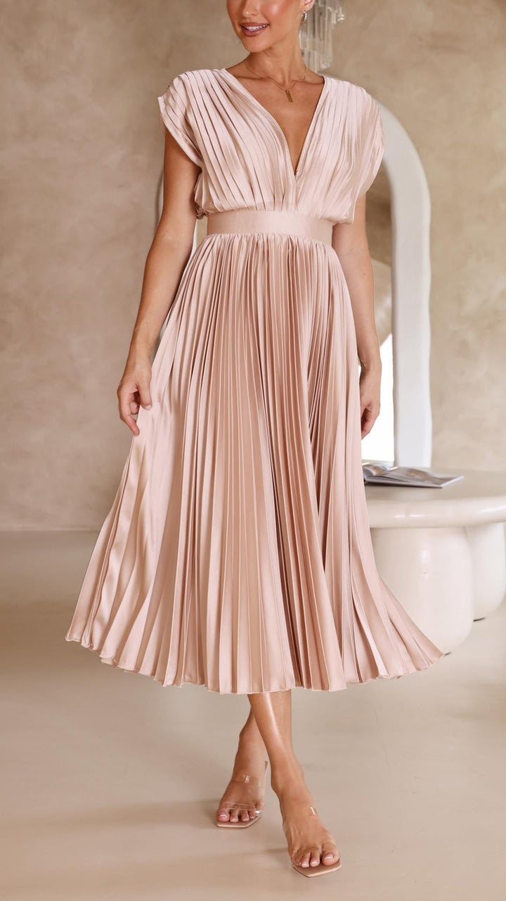 Amanda Pleated V Neck Midi Wedding Guest Dress