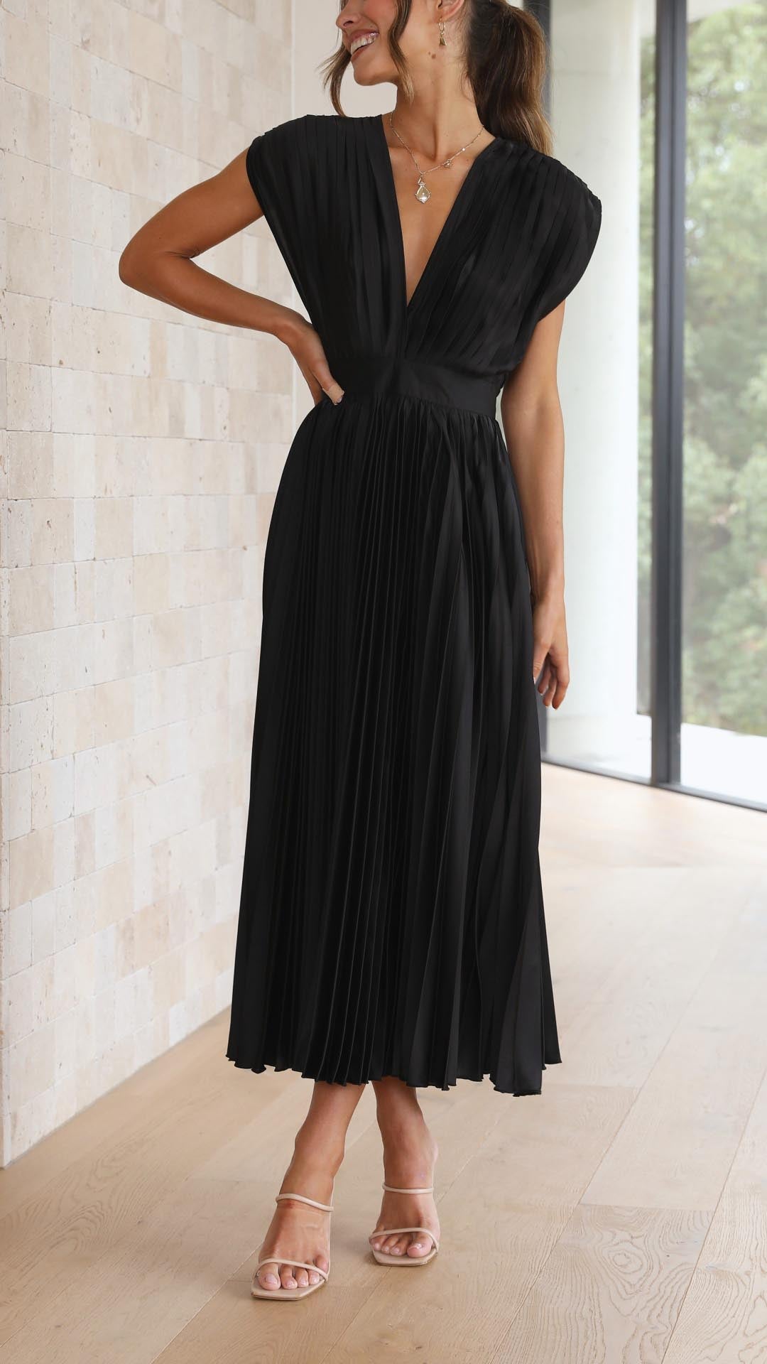 Amanda Pleated V Neck Midi Wedding Guest Dress