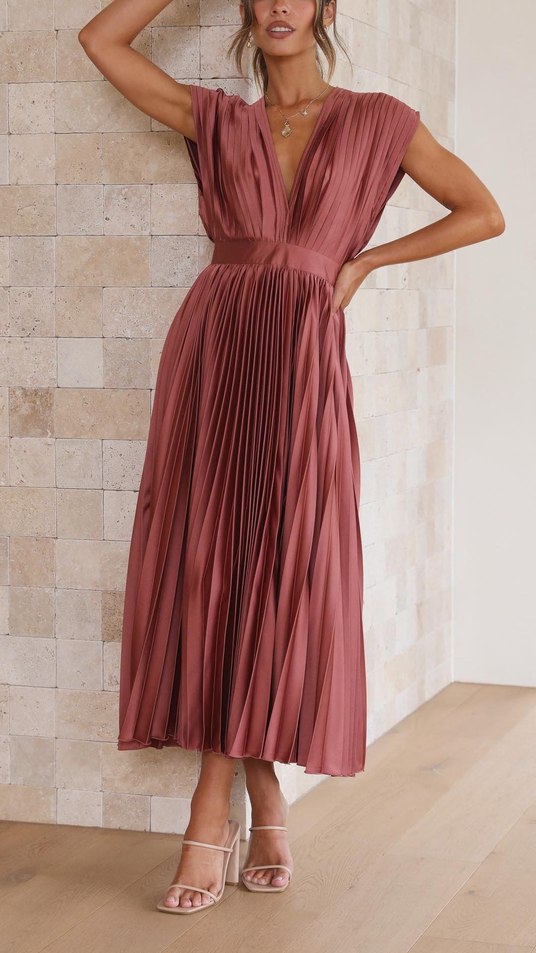 Amanda Pleated V Neck Midi Wedding Guest Dress