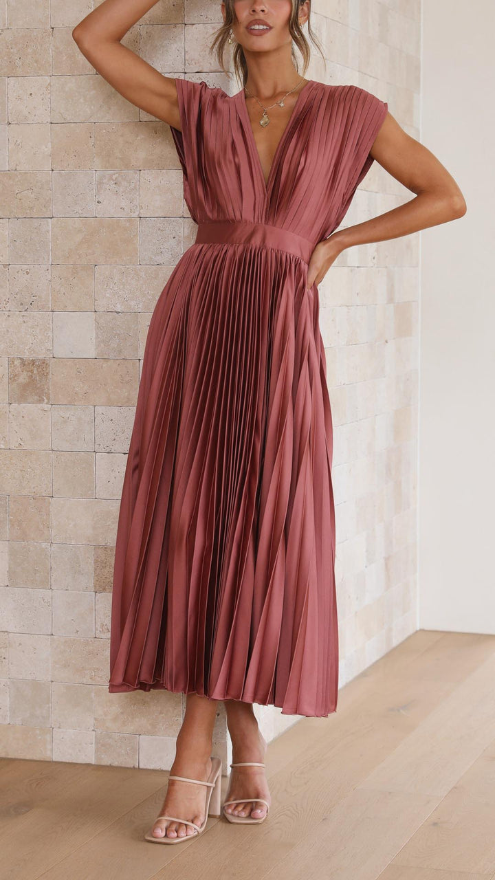 Amanda Pleated V Neck Midi Wedding Guest Dress