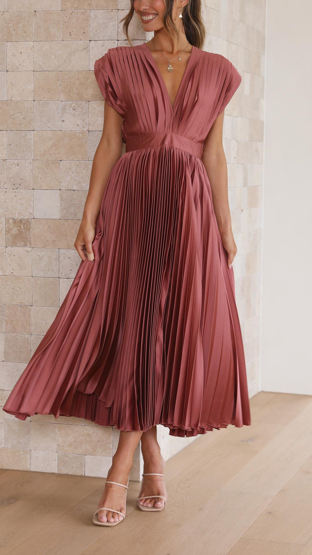 Amanda Pleated V Neck Midi Wedding Guest Dress