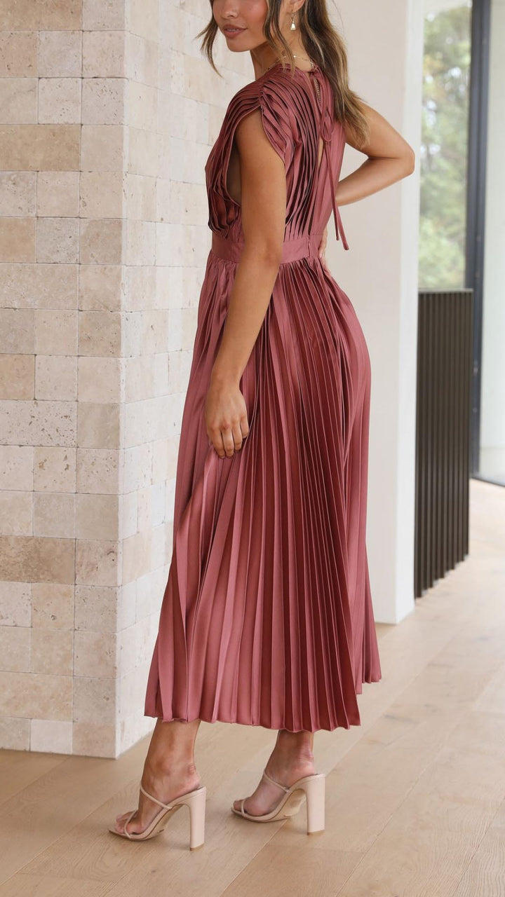 Amanda Pleated V Neck Midi Wedding Guest Dress