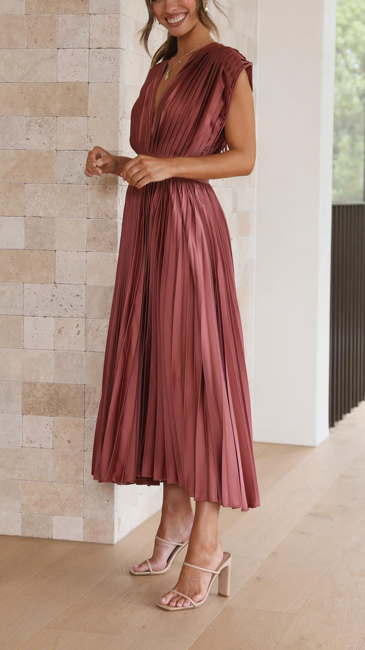 Amanda Pleated V Neck Midi Wedding Guest Dress