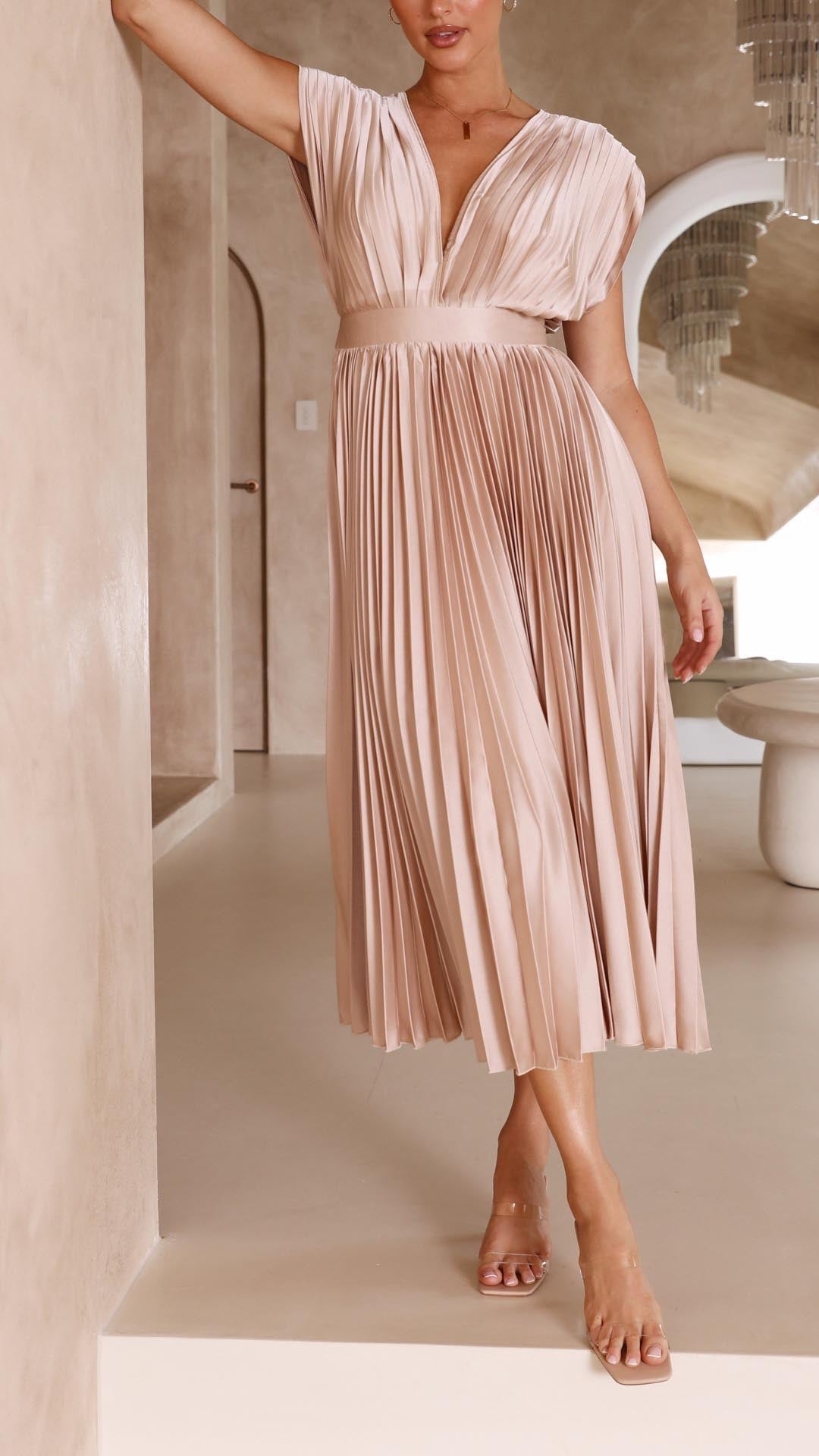 Amanda Pleated V Neck Midi Wedding Guest Dress