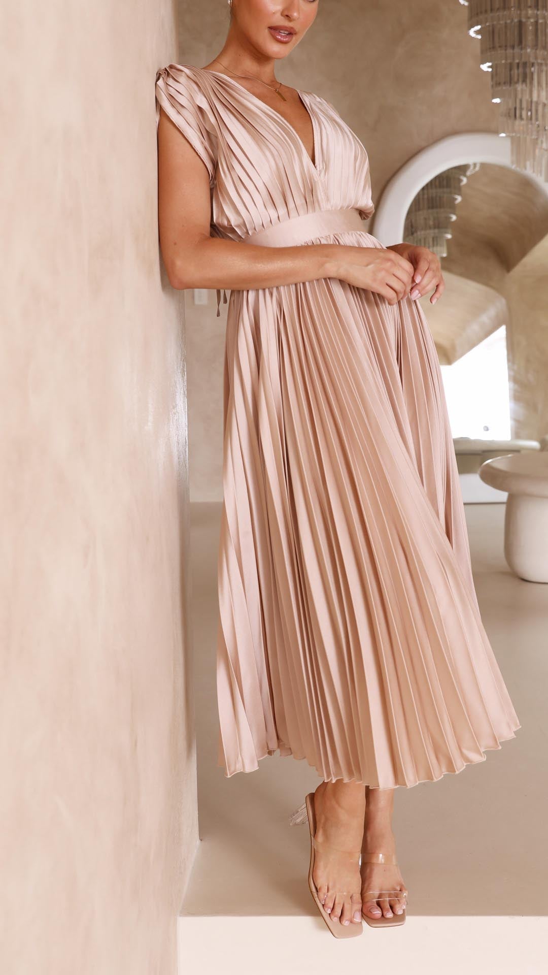 Amanda Pleated V Neck Midi Wedding Guest Dress