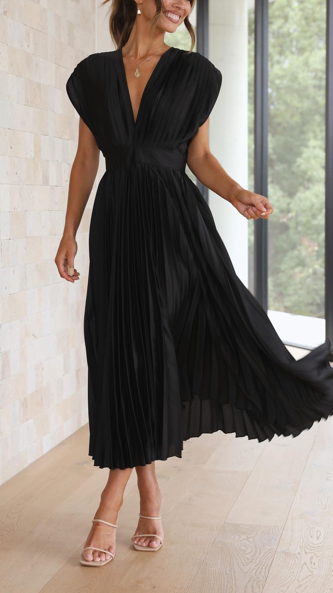 Amanda Pleated V Neck Midi Wedding Guest Dress