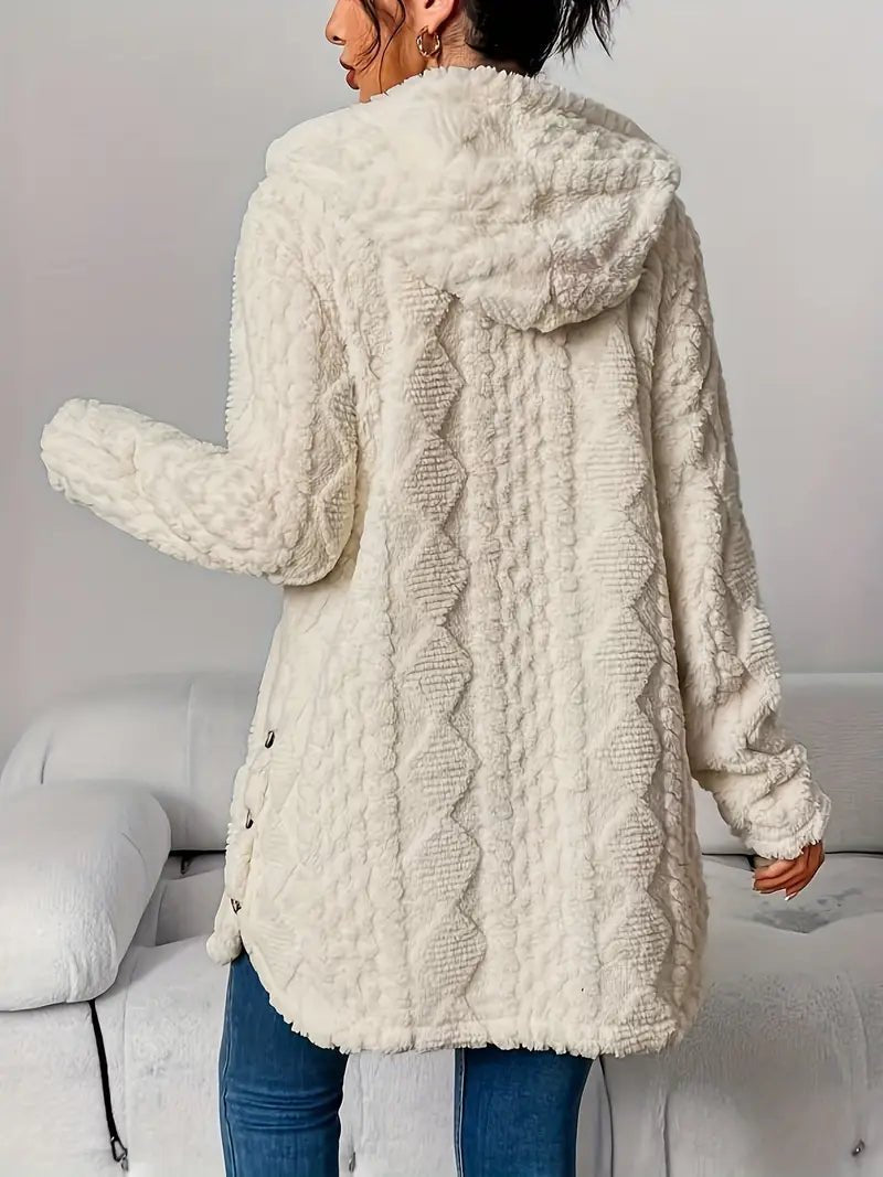 Back view of beige textured fleece hooded cardigan showing hood detail