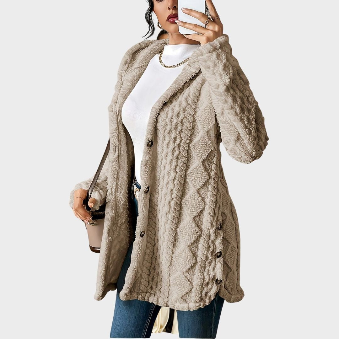 Woman wearing khaki textured fleece hooded cardigan with button front