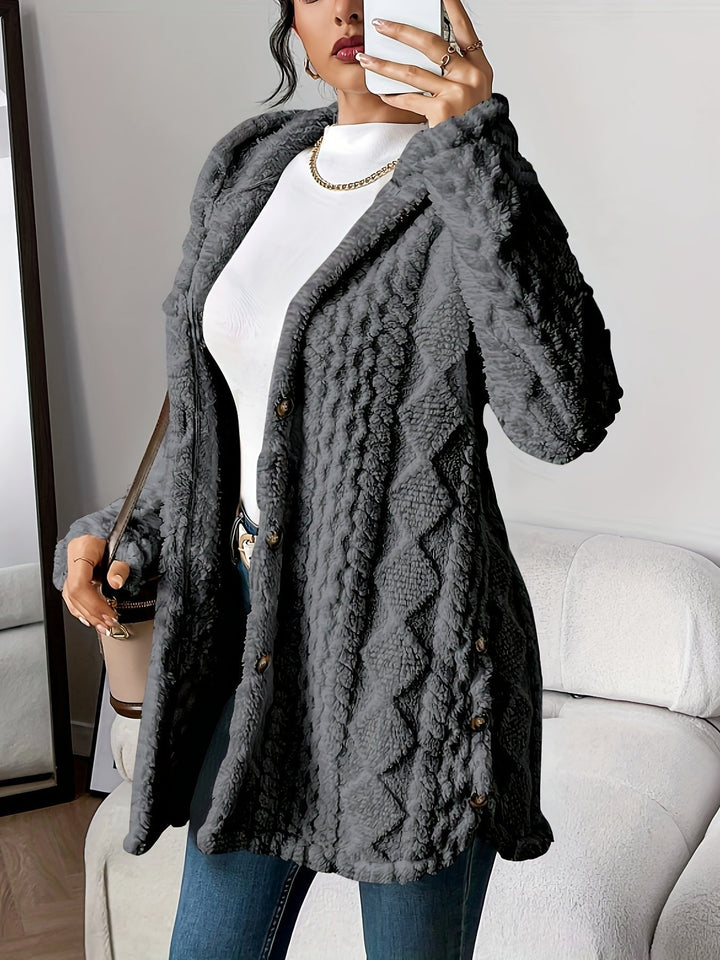Woman wearing gray textured fleece hooded cardigan