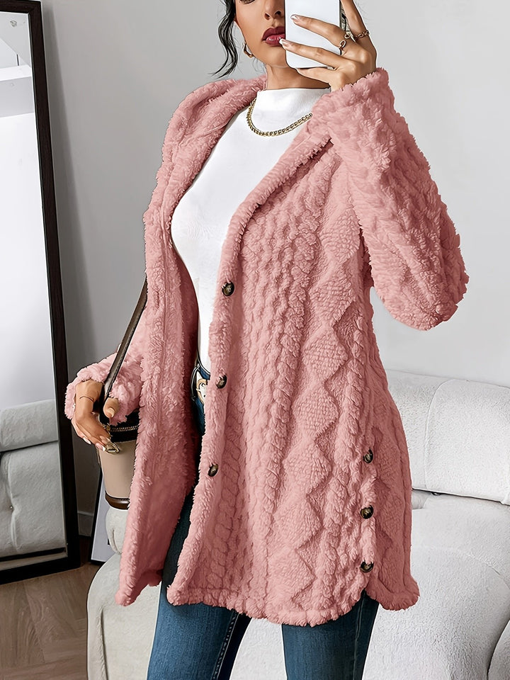 Woman wearing pink textured fleece hooded cardigan