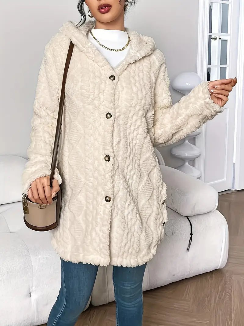Woman wearing beige textured fleece hooded cardigan with crossbody bag