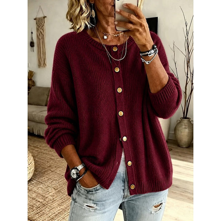 Woman wearing burgundy ribbed knit button-front cardigan